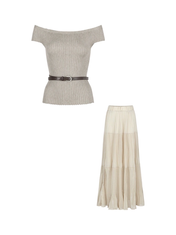 Off-Shoulder Fitted Knit Tee & High-Waist A-Line Maxi Skirt Set – Summer Two-Piece Outfit