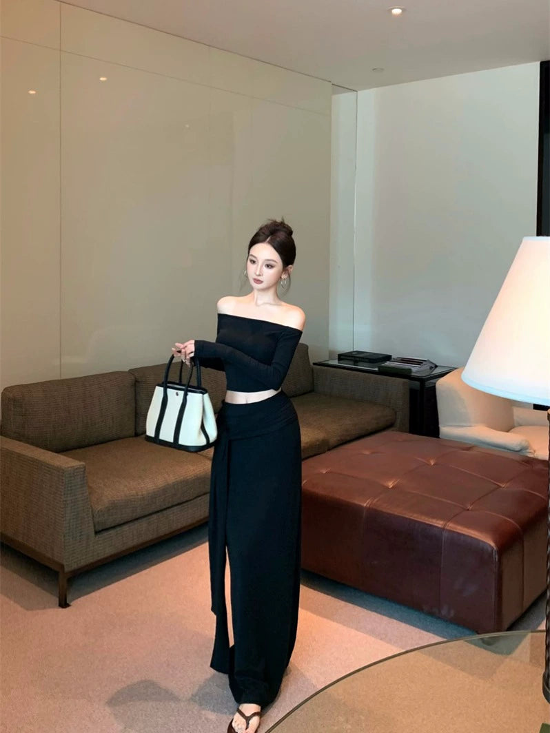 Off-Shoulder Fitted Long-Sleeve Top & Tie-Up Bodycon Skirt Set – Sexy Two-Piece Outfit (Available in 2 Colors)