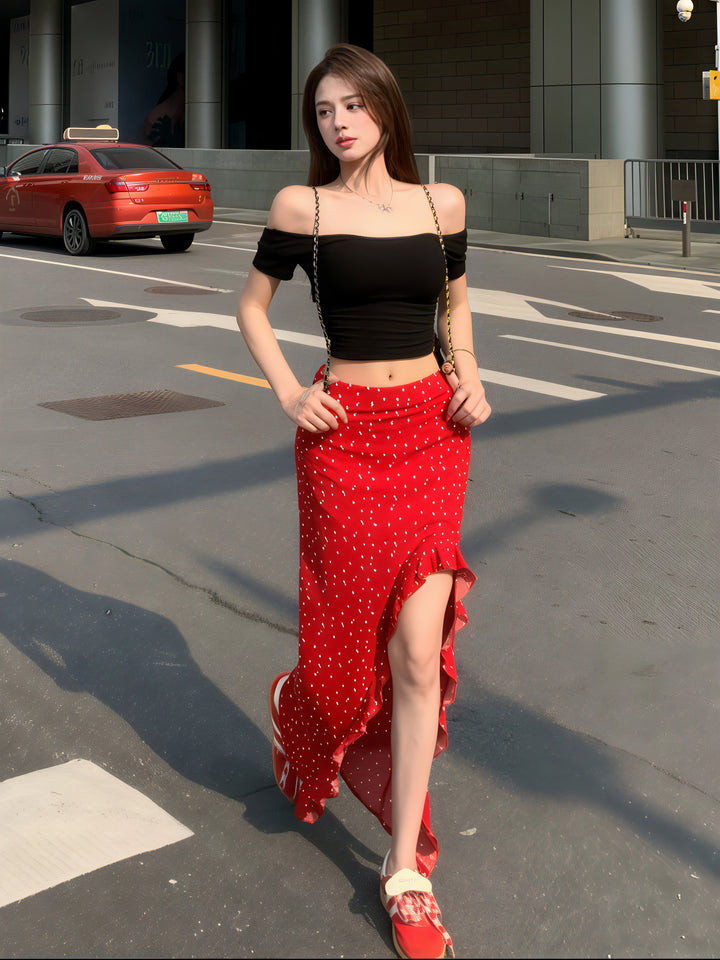 花卉荷叶边中长裙 - 高腰修身夏季半身裙，侧开衩（2 种颜色可选）