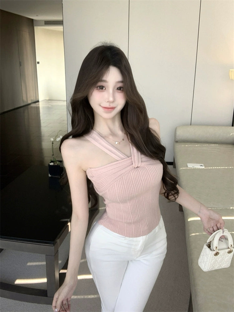 纯欲风粉色针织吊带背心女夏季收腰修身内搭无袖外穿短款打底上衣