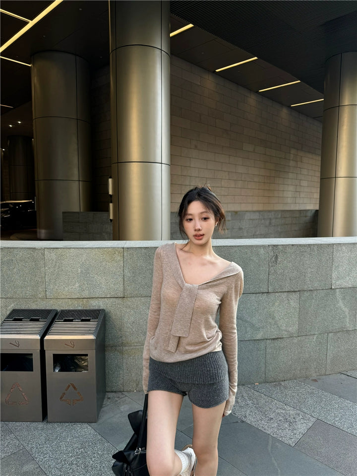 V-Neck Ribbon Tie Knit Top – Slim Fit Long Sleeve Sweater (Available in 2 Colors)