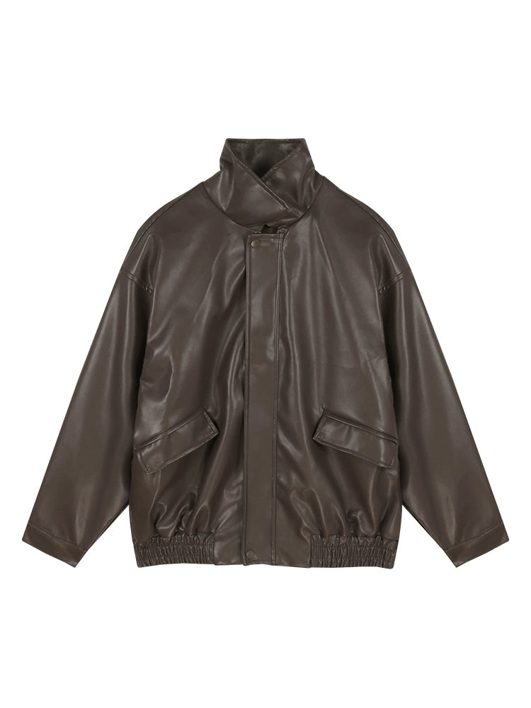Vintage Brown PU Leather Jacket – Loose-Fit Motorcycle Style Outerwear (Available in 2 Colors)