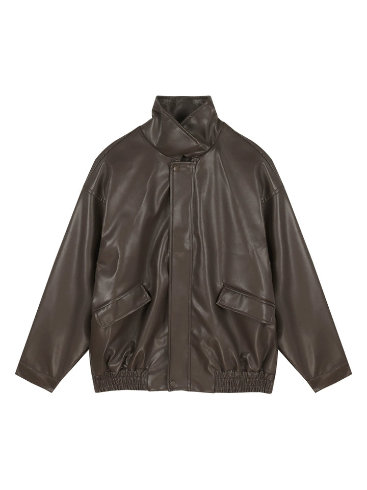Vintage Brown PU Leather Jacket – Loose-Fit Motorcycle Style Outerwear (Available in 2 Colors)