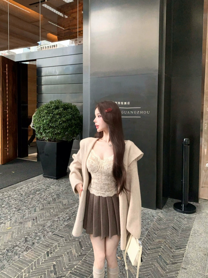 Apricot Hooded Knit Cardigan Set – Soft Loose-Fit Three-Piece Outfit (Available in 4 Colors)