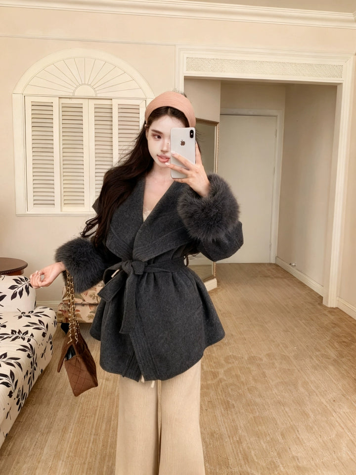 Elegant Belted Faux-Fur Cuff Coat – Mid-Length Soft Vintage Look (Available in 4 Colors)