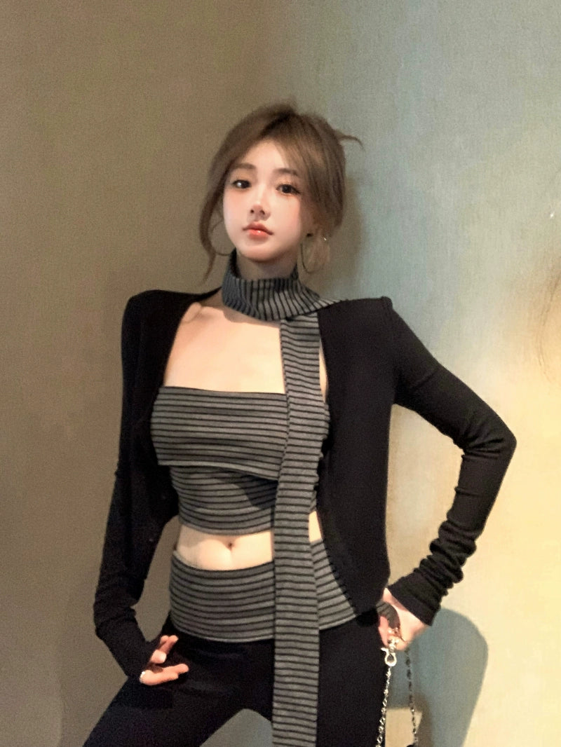 Black Knit Cardigan, Tube Top & Flared Pants Set – Trendy Three-Piece Casual Outfit