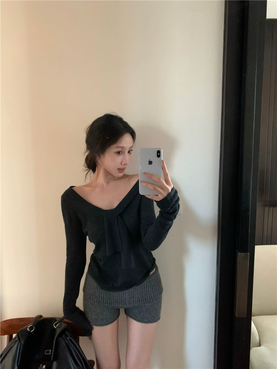 V-Neck Ribbon Tie Knit Top – Slim Fit Long Sleeve Sweater (Available in 2 Colors)