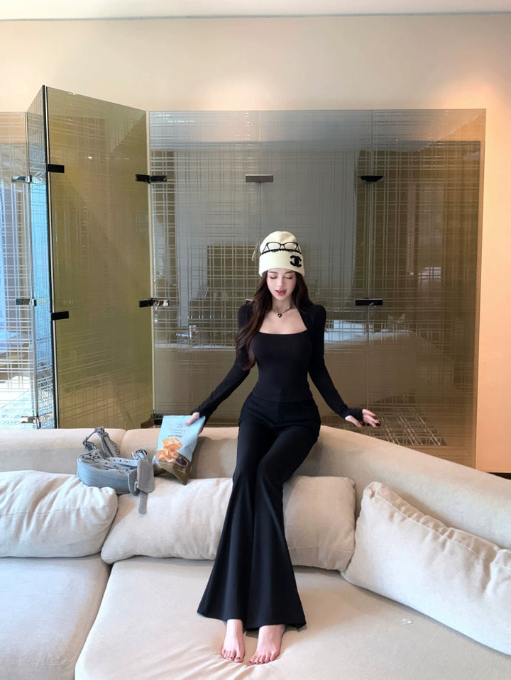 Square-Neck Ribbed Knit Long Sleeve Top | Slim-Fit K-Fashion Layering Tee (Available in 3 Colors)