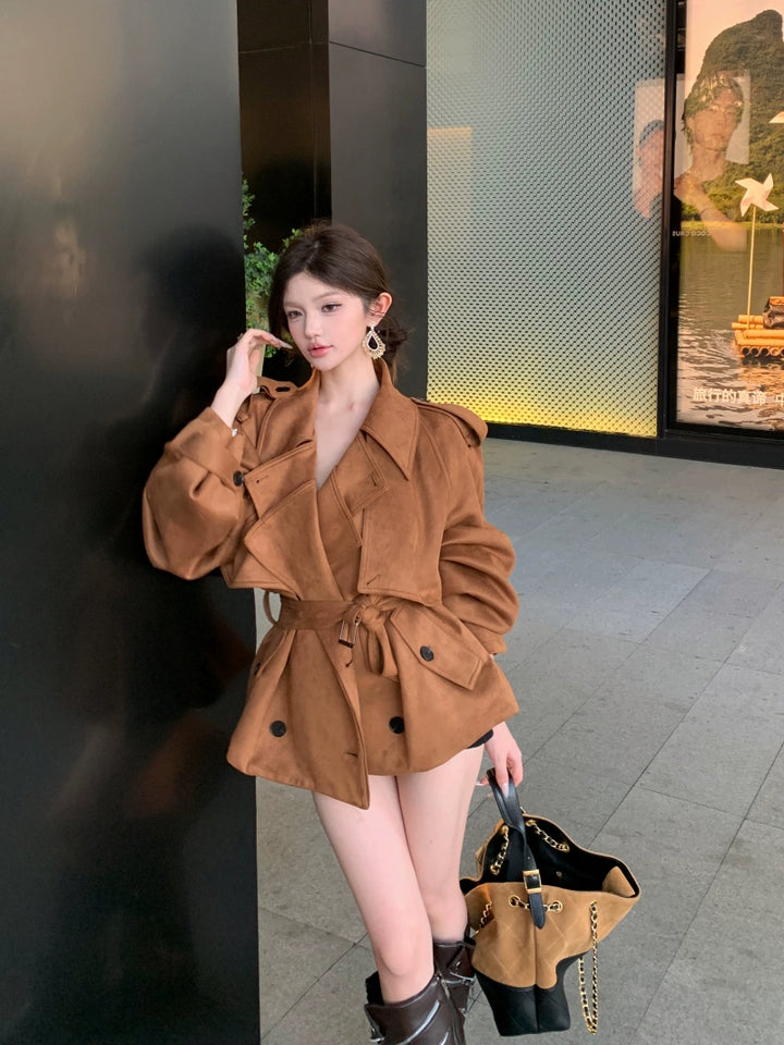 Vintage Brown Suede Jacket – Belted Loose-Fit Long Sleeve Cardigan Coat