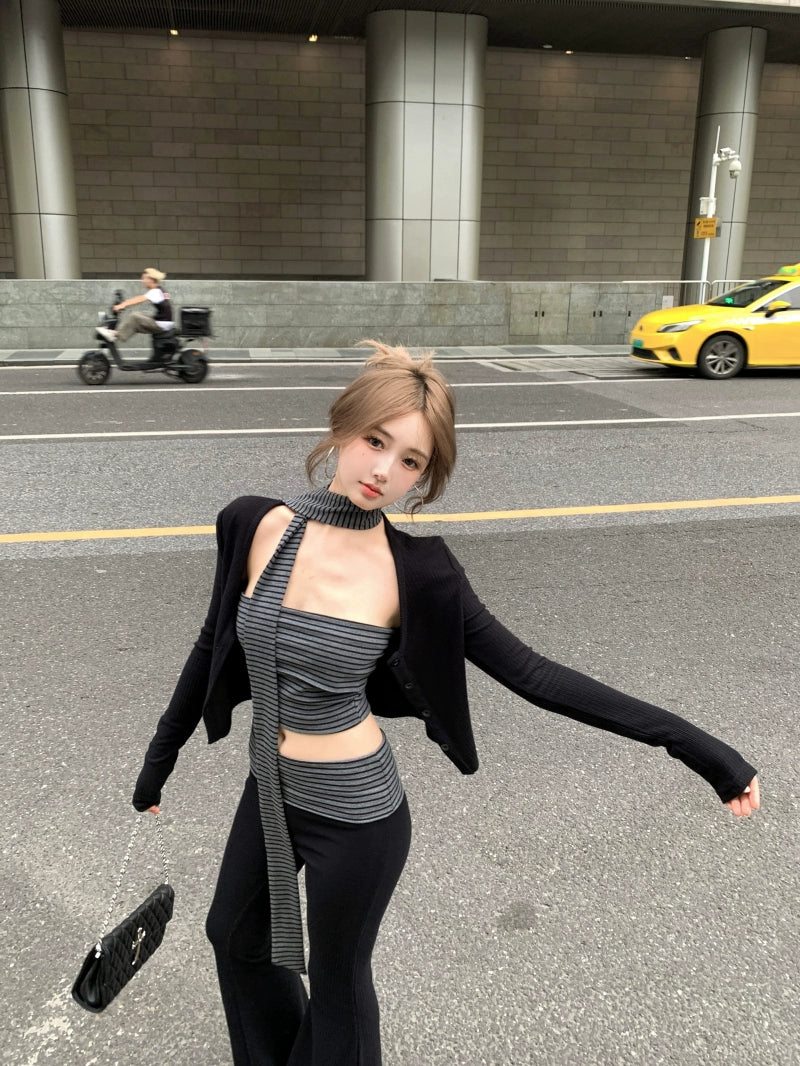 Black Knit Cardigan, Tube Top & Flared Pants Set – Trendy Three-Piece Casual Outfit