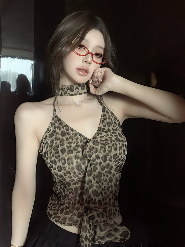 豹纹露背吊带上衣 - 美式性感修身短款女装