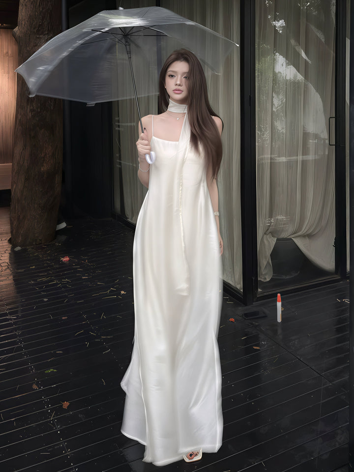 优雅缎带无袖长裙 - 赫本风格度假长裙（2 种颜色可选）