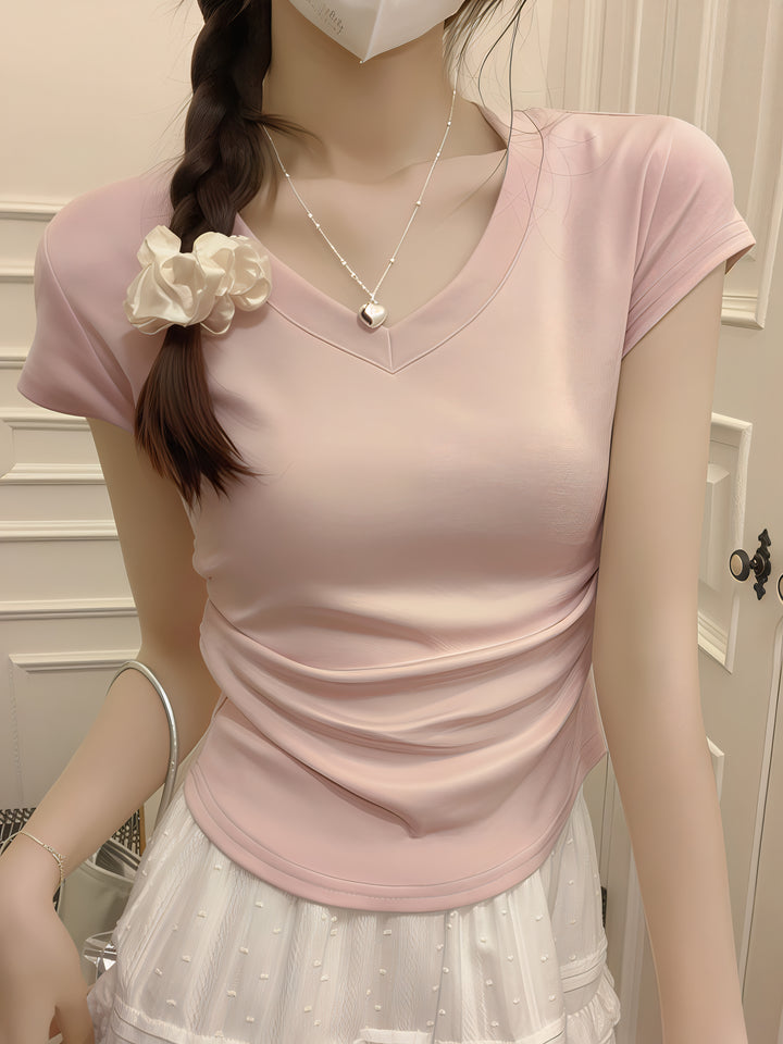 多巴胺粉紅 V 領短袖修身 T 卹 - 褶皺腰春季短上衣（4 種顏色可選）