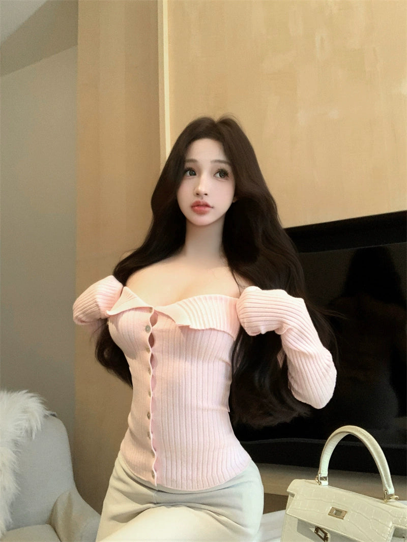 一字肩粉色袖套针织衫女秋季修身纯欲性感超好看短款抹胸露肩上衣