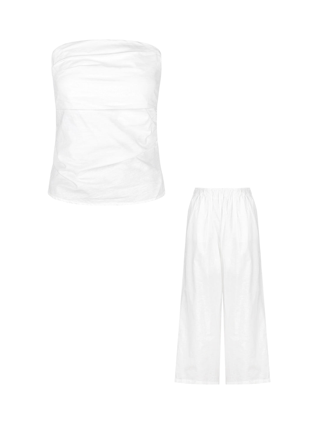 White Linen Strapless Crop Top & Wide-Leg Pants Set – Elegant Summer Two-Piece Outfit (Available in 2 Colors)