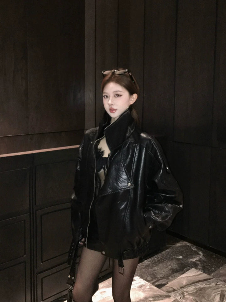Black Faux Leather Biker Jacket – Vintage Zip-Up PU Moto Coat (Available in 2 Colors)