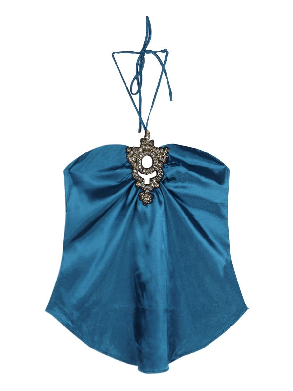 Luxury Satin Rhinestone Halter Crop Top – Elegant Hollow-Out Camisole for Women