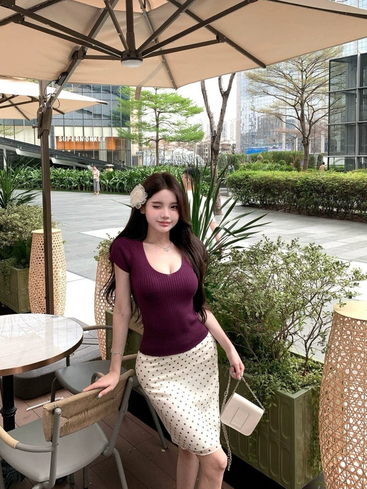 Purple V-Neck Slim Knit Short Sleeve Top – Summer Basic Sexy Waist-Fit Tee(Available in 4 Colors)