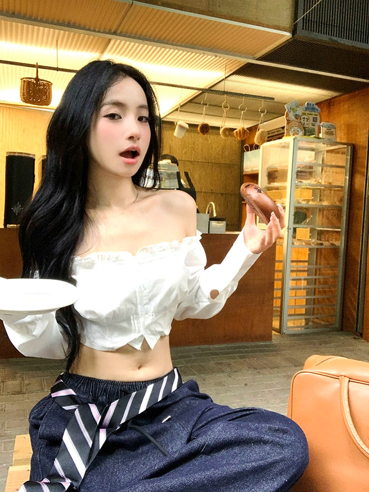 Off-Shoulder White Long Sleeve Shirt – Sexy Slim-Fit Cropped Blouse