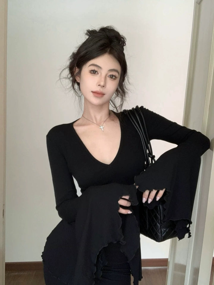 Slim Fit V-Neck Flared Sleeve Long Tee – Edgy Split Design (Available in 2 Colors)