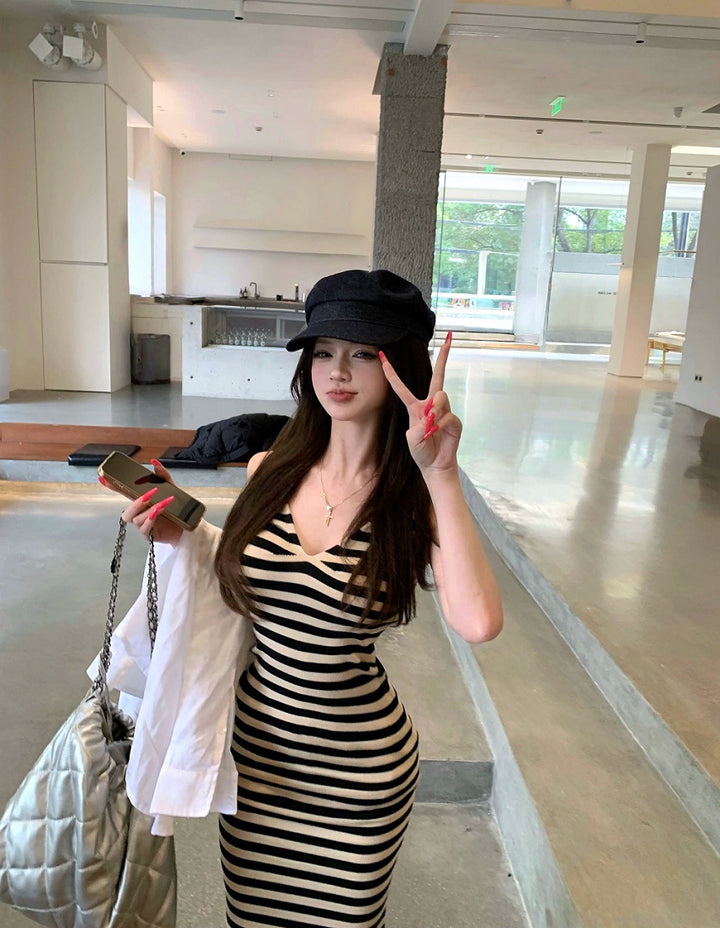 Striped V-Neck Bodycon Maxi Dress with Side Slit – Summer Slim Fit Elegant Style