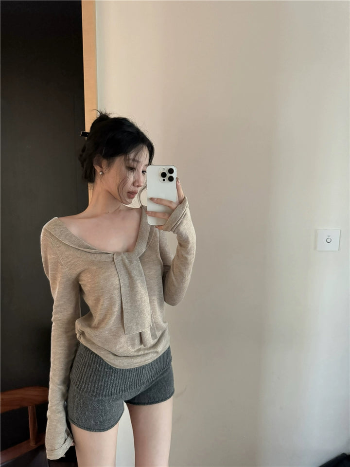 V-Neck Ribbon Tie Knit Top – Slim Fit Long Sleeve Sweater (Available in 2 Colors)