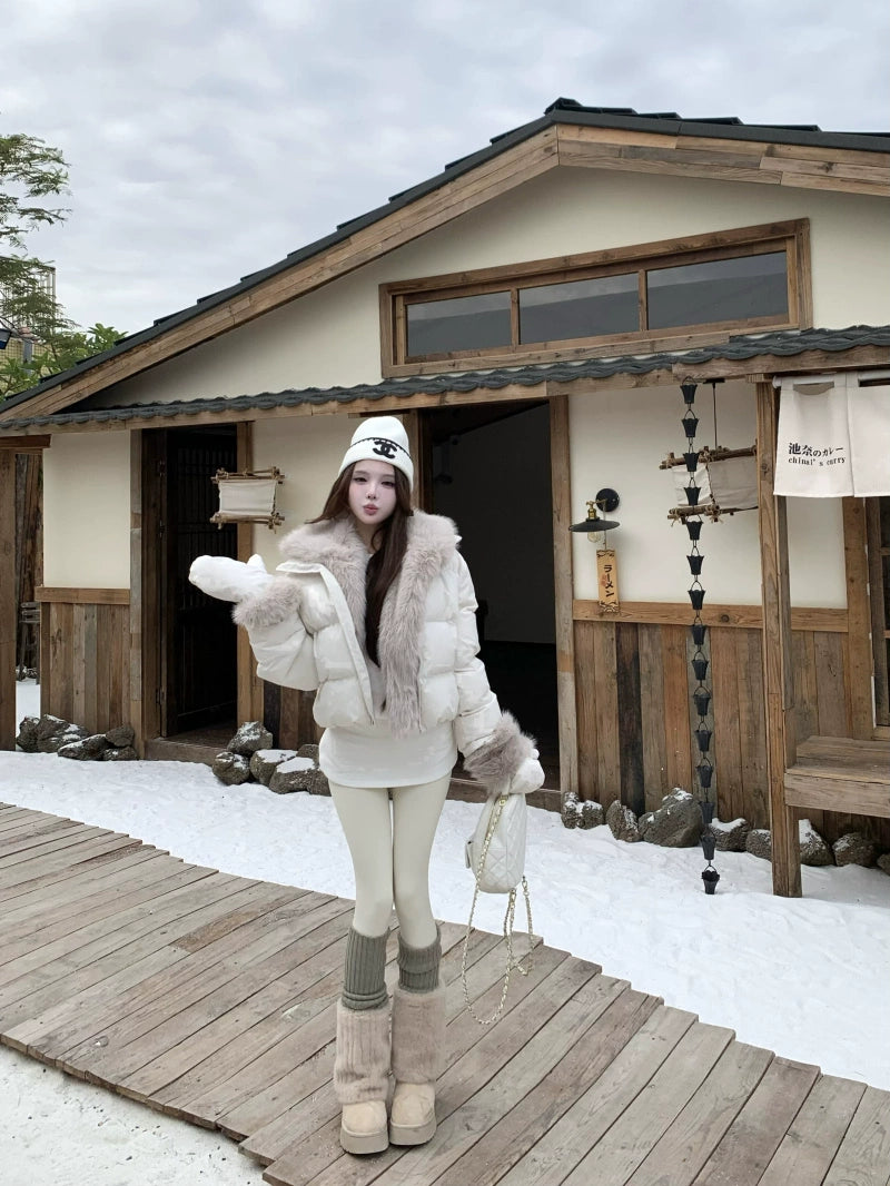 Faux-Fur Collar Puffer Jacket with Matching Thermal Top (Available in 2 Colors)