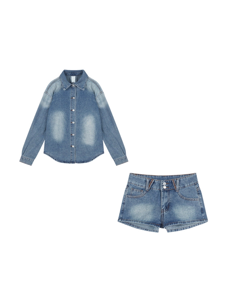 Vintage Blue Denim Jacket & Shorts Set – Casual Two-Piece Outfit