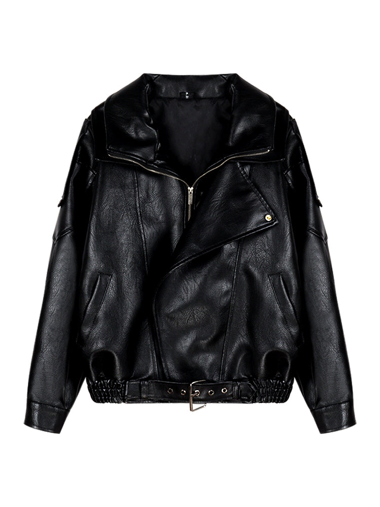 Black Faux Leather Biker Jacket – Vintage Zip-Up PU Moto Coat (Available in 2 Colors)