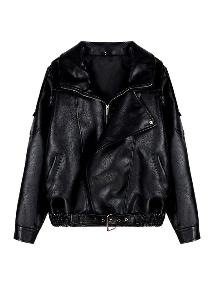 Black Faux Leather Biker Jacket – Vintage Zip-Up PU Moto Coat (Available in 2 Colors)