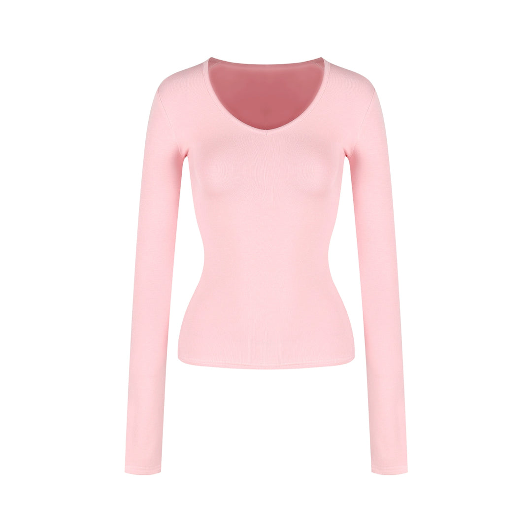 Soft V-Neck Fleece-Lined Slim Long Sleeve Top (Available in 5 Colors)