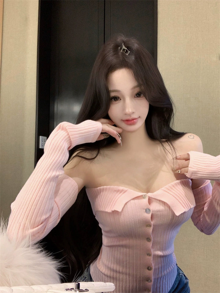 一字肩粉色袖套针织衫女秋季修身纯欲性感超好看短款抹胸露肩上衣