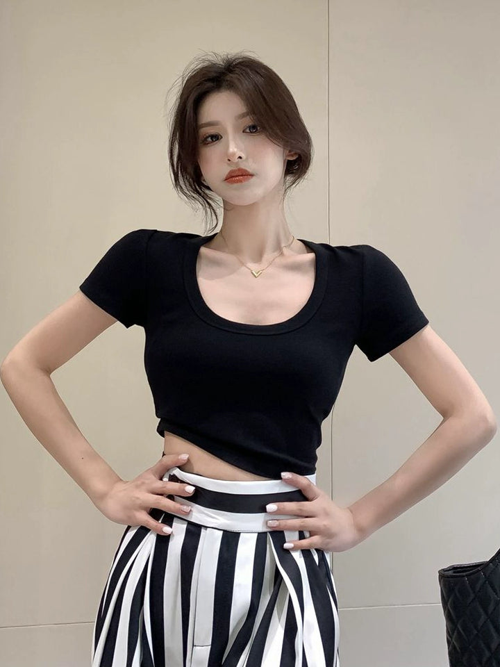 White Stretch Cotton Slim-Fit Short Sleeve Tee – Cropped Minimal Top (Available in 6 Colors)