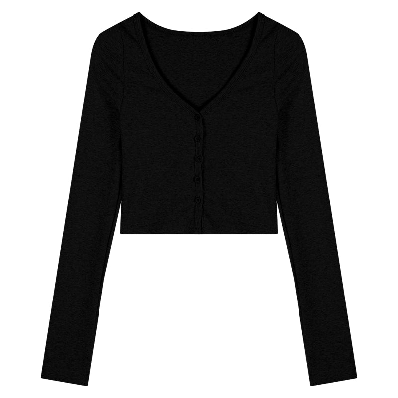 V-Neck Long Sleeve Cropped Tee – Slim-Fit Retro K-Fashion Top (Available in 2 Colors)