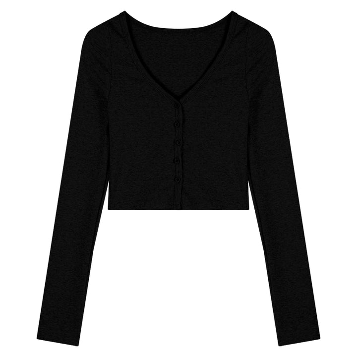 V-Neck Long Sleeve Cropped Tee – Slim-Fit Retro K-Fashion Top (Available in 2 Colors)