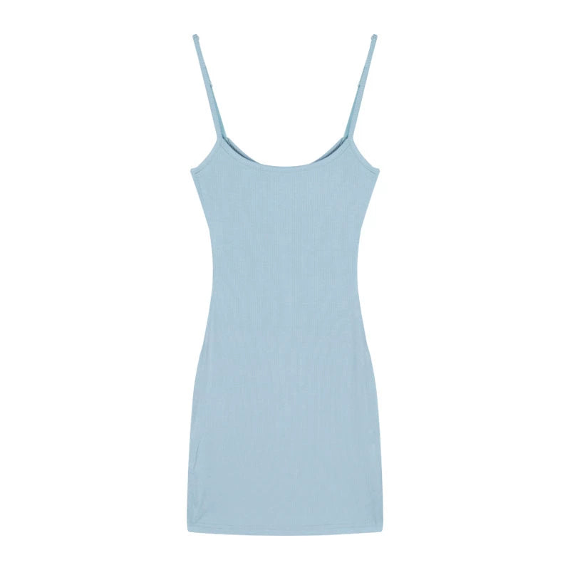 Sleek Blue Bodycon Spaghetti Strap Mini Dress – Sexy Korean Style Slim Fit Dress (Available in 4 Colors)