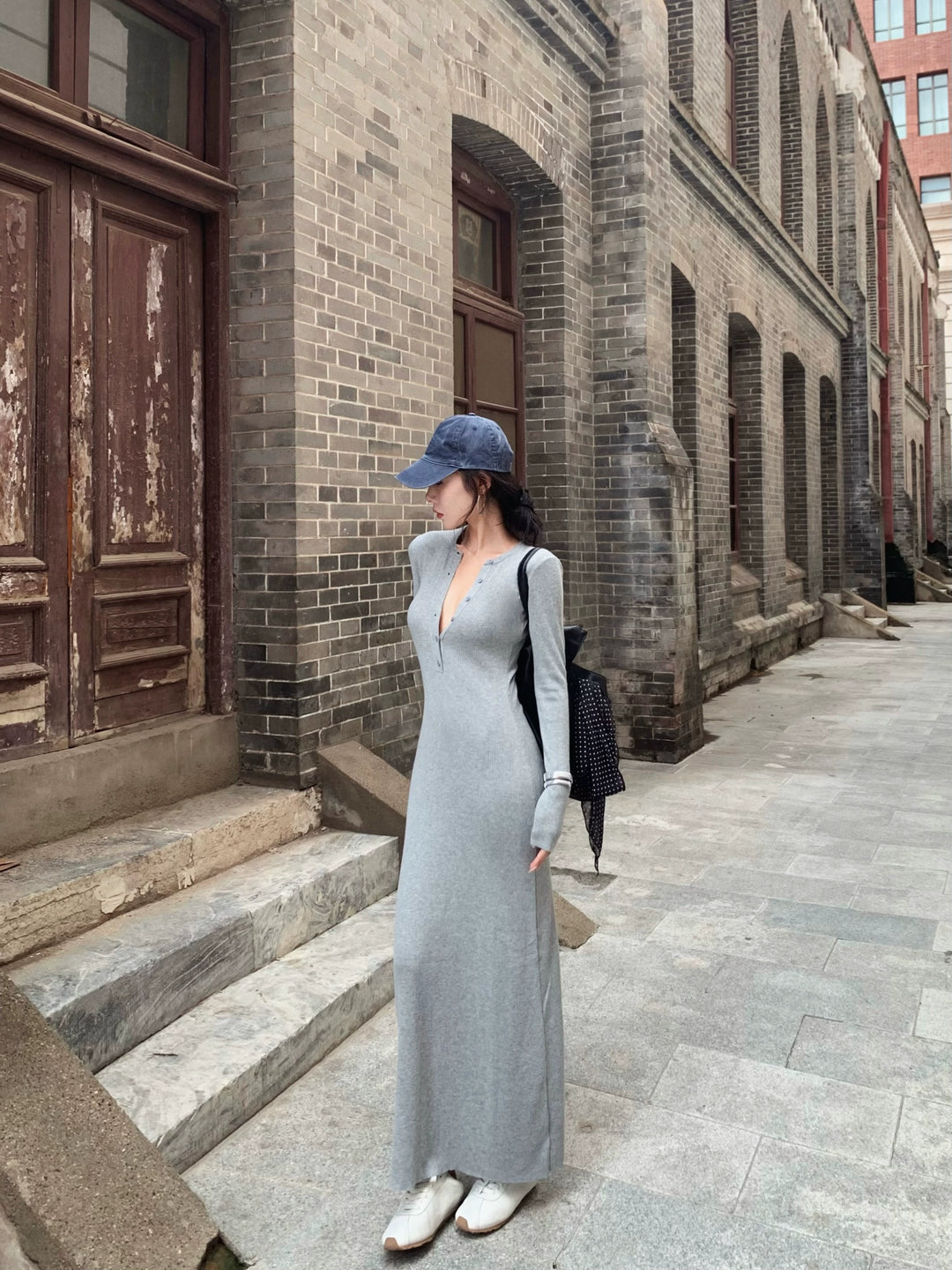 Gray Knit Long Sleeve Bodycon Maxi Dress – Elegant Slim Fit Autumn Dress (Available in 3 Colors)