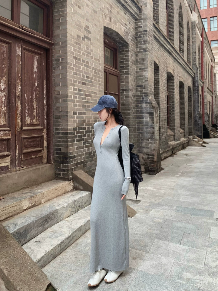 Gray Knit Long Sleeve Bodycon Maxi Dress – Elegant Slim Fit Autumn Dress (Available in 3 Colors)