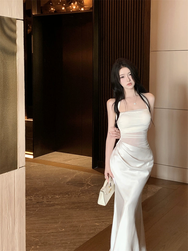 Satin Halter Backless Mesh Panel Mermaid Maxi Dress – Pure Desire Style (Available in 2 Colors)