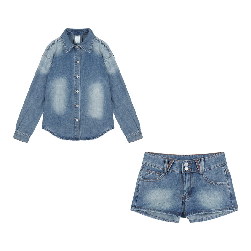 Vintage Blue Denim Jacket & Shorts Set – Casual Two-Piece Outfit