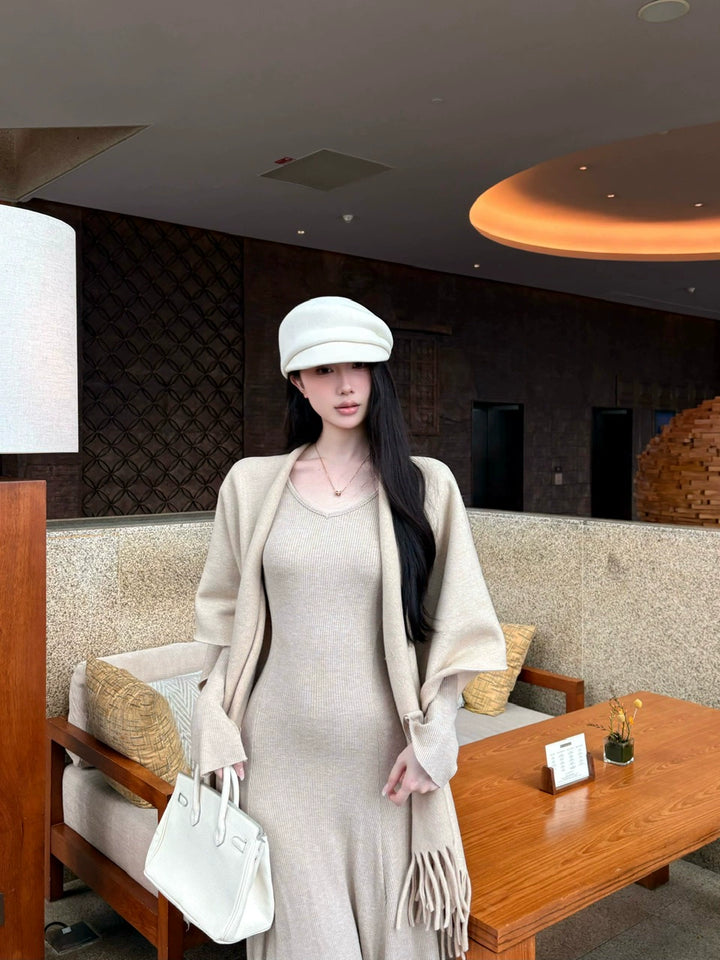 Knit Fringe Cardigan & Camisole Maxi Dress Set – Cozy Two-Piece Outfit (Available in 3 Colors)