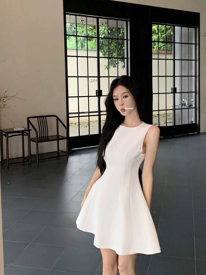 Korean Blue Sleeveless A-Line Mini Dress – Slim Fit Flared Short Dress (Available in 5 Colors)