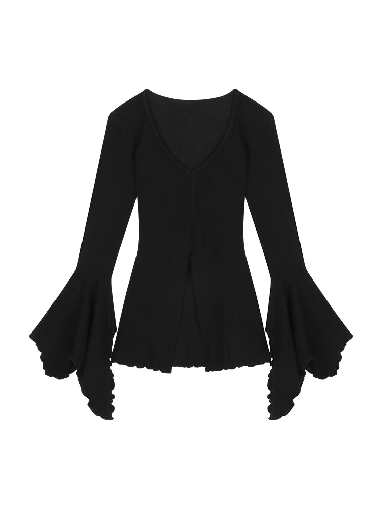 Slim Fit V-Neck Flared Sleeve Long Tee – Edgy Split Design (Available in 2 Colors)