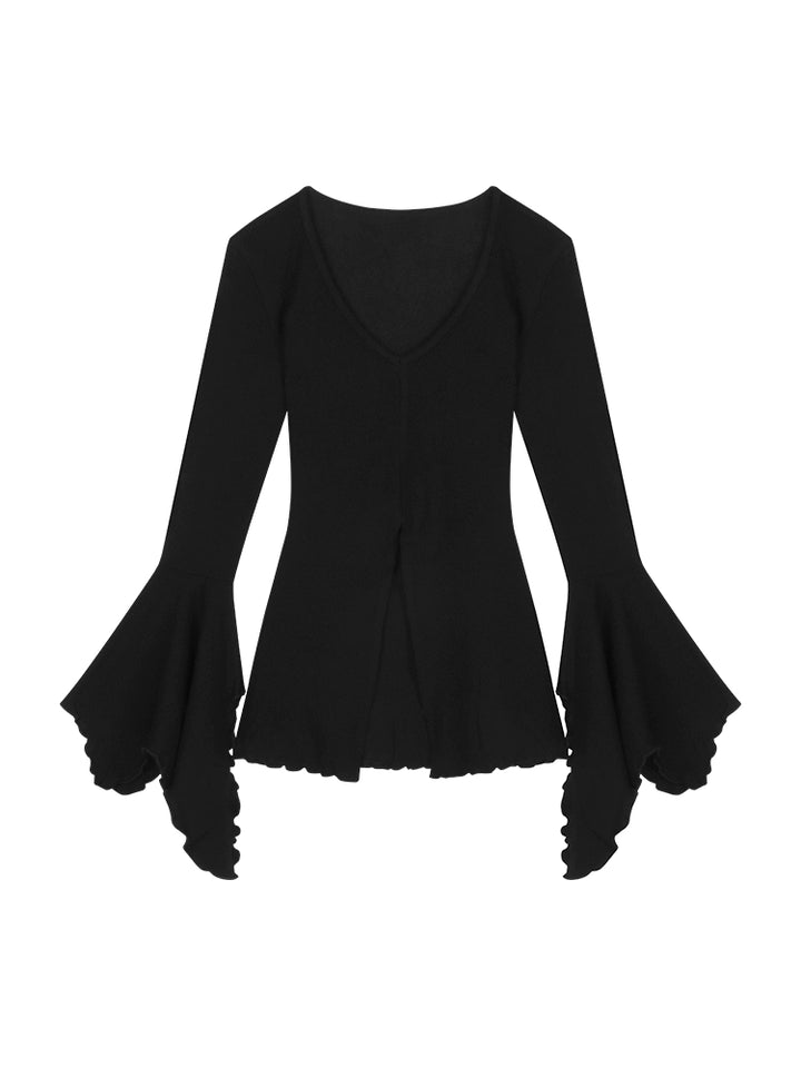 Slim Fit V-Neck Flared Sleeve Long Tee – Edgy Split Design (Available in 2 Colors)