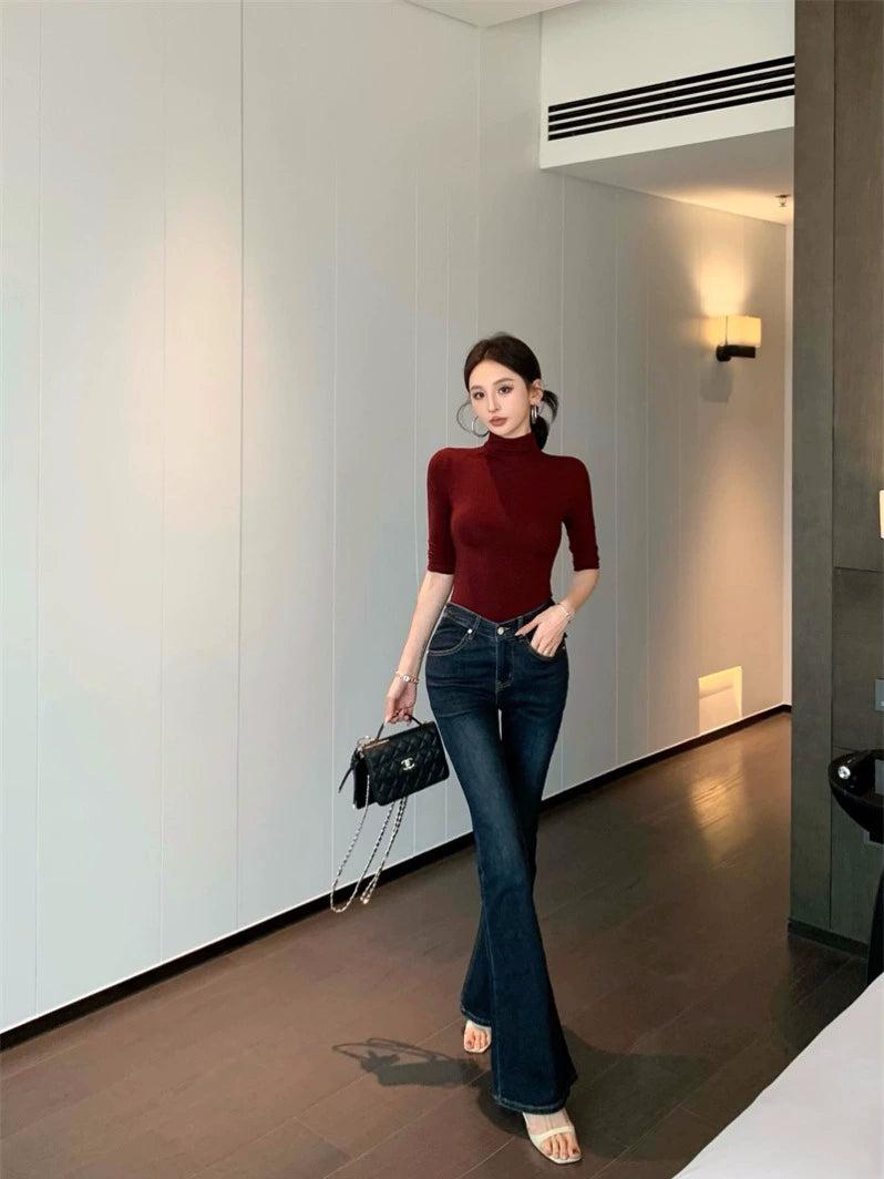 High-Neck Half-Sleeve Slim Fit Top – Elegant Korean Chic Style (Available in 4 Colors)