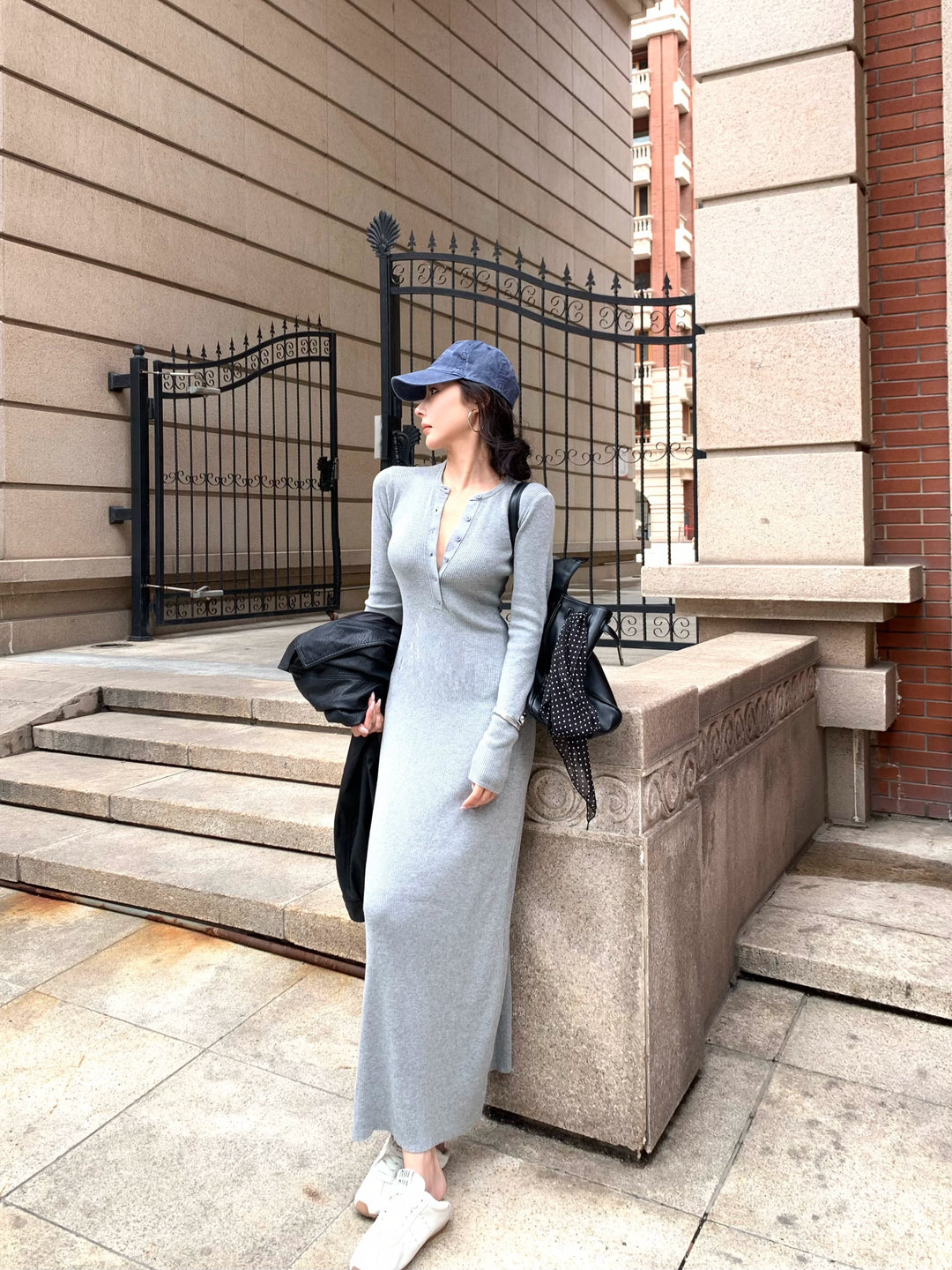 Gray Knit Long Sleeve Bodycon Maxi Dress – Elegant Slim Fit Autumn Dress (Available in 3 Colors)