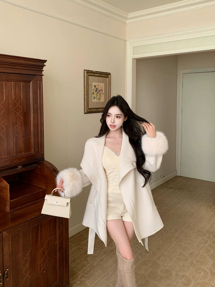 Elegant Belted Faux-Fur Cuff Coat – Mid-Length Soft Vintage Look (Available in 4 Colors)