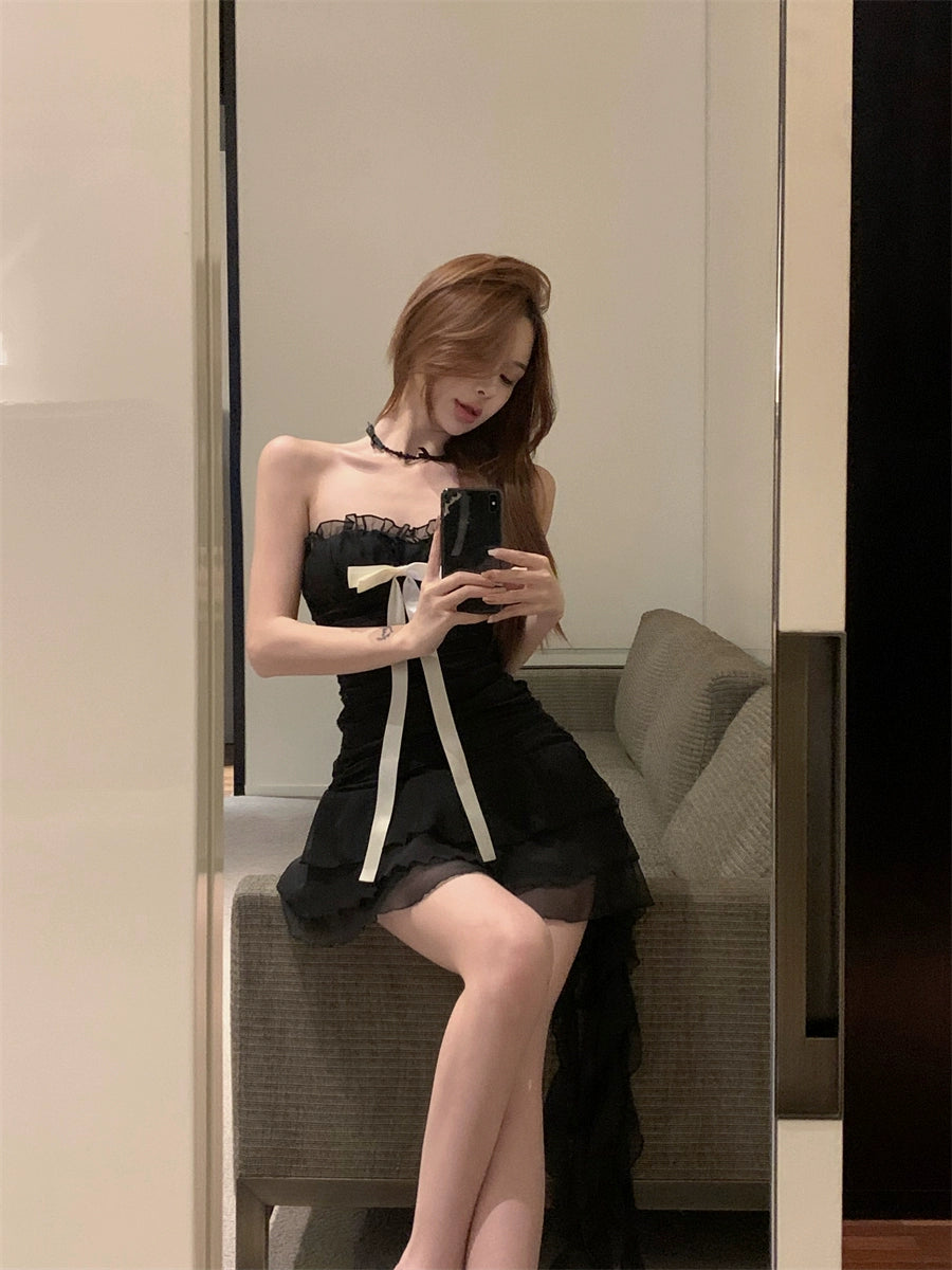 Black Bow Strapless Party Mini Dress – Sexy A-Line Tube Dress