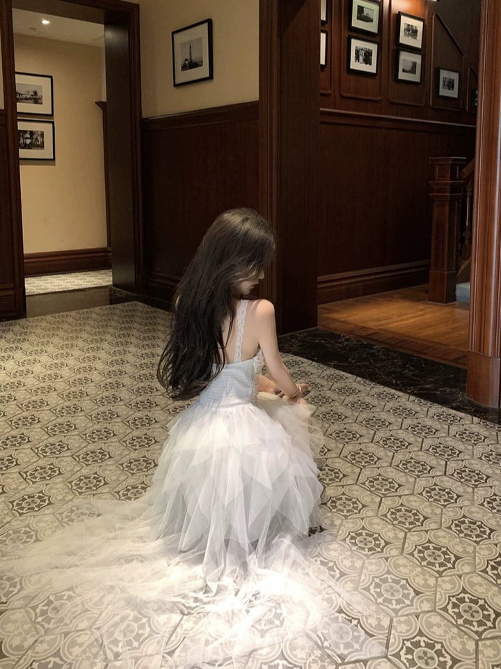 French White Mesh Strap Long Dress – Elegant A-Line Waist Slimming Gown