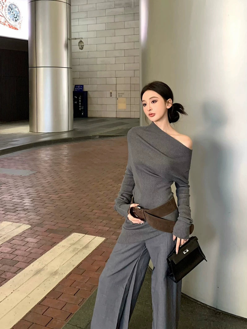 Asymmetric Off-Shoulder Slim Knit Top (Available in 4 Colors)